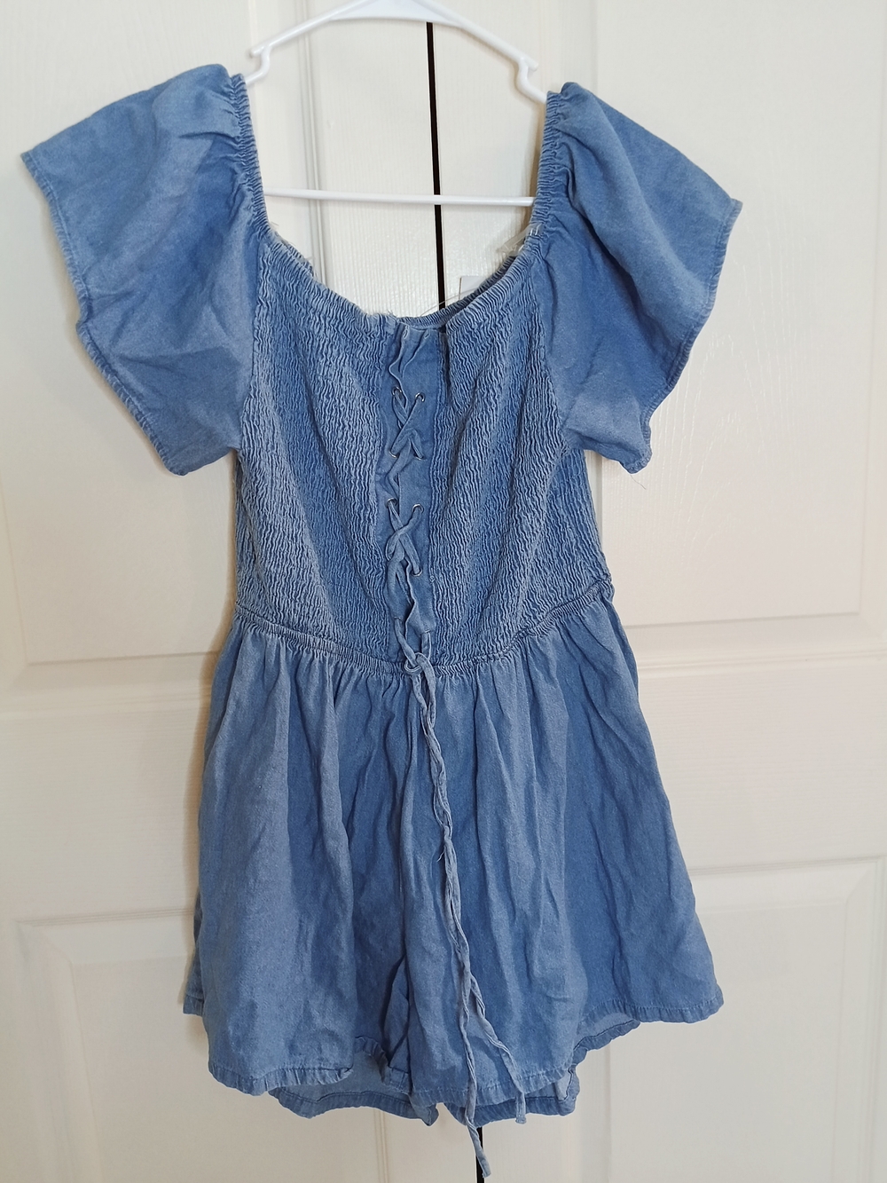 Chesley Light Blue Smocked Top with Navy Stitching